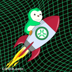 A Cartoon Penguin Is Flying On A Rocket With A Green Logo GIF