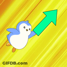 A Cartoon Penguin Is Flying With A Green Arrow Pointing Upwards GIF