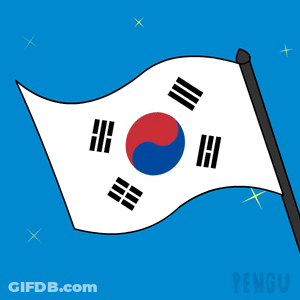 A Cartoon Penguin Is Holding A Korean Flag In Front Of A Blue Background GIF