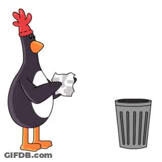 A Cartoon Penguin Is Holding A Piece Of Paper And Throwing It Into A Trash Can . GIF