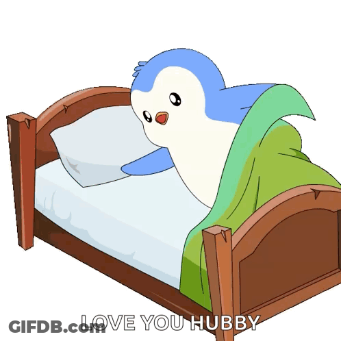 A Cartoon Penguin Is Laying In A Bed With The Words Love You Hubby Above It GIF