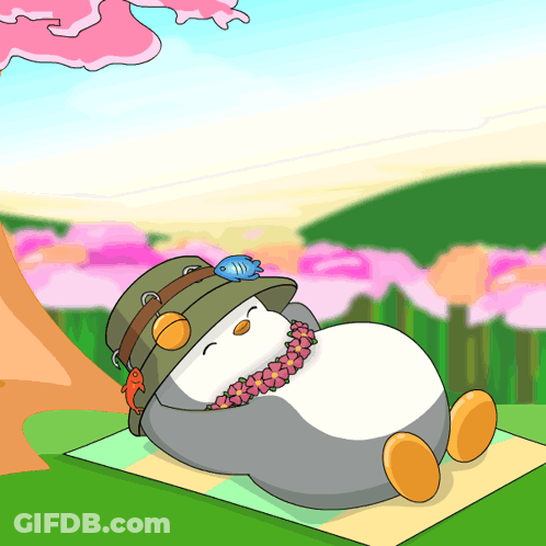 A Cartoon Penguin Is Laying On A Blanket Under A Tree GIF