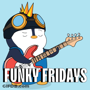 A Cartoon Penguin Is Playing A Guitar With The Words Funky Fridays Below It GIF