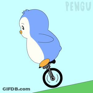 A Cartoon Penguin Is Riding A Bike On A Hill GIF