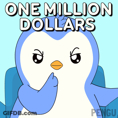 A Cartoon Penguin Is Sitting In A Chair With The Words One Million Dollars Above It GIF