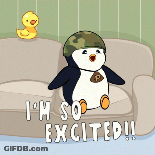 A Cartoon Penguin Is Sitting On A Couch With The Words I 'M So Excited GIF
