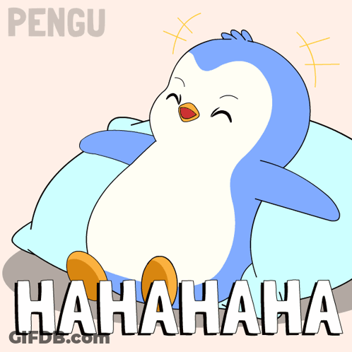 A Cartoon Penguin Is Sitting On A Pillow With The Words Hahahaha Written Below It GIF