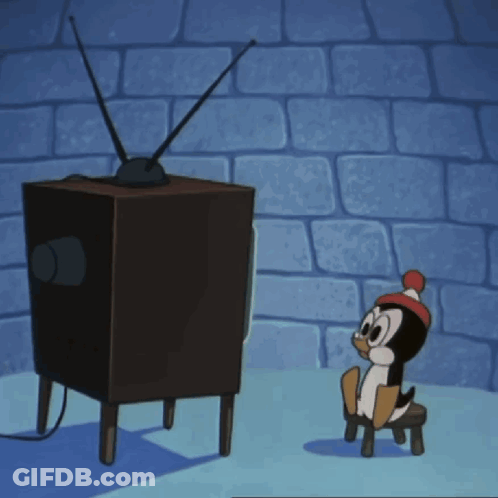 A Cartoon Penguin Is Sitting On A Stool Watching A Tv GIF