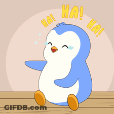 A Cartoon Penguin Is Sitting On A Wooden Table And Laughing With The Words Ha ! Ha ! Surrounding It GIF