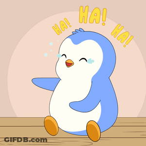 A Cartoon Penguin Is Sitting On A Wooden Table With The Words Ha ! Ha ! Surrounding Him GIF