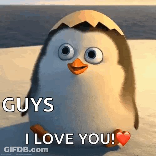 A Cartoon Penguin Is Sitting On The Beach And Saying Guys I Love You GIF