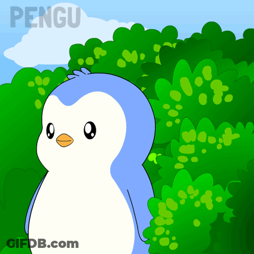 A Cartoon Penguin Is Standing In Front Of A Lush Green Forest And The Word Pengu Is On The Bottom Left GIF