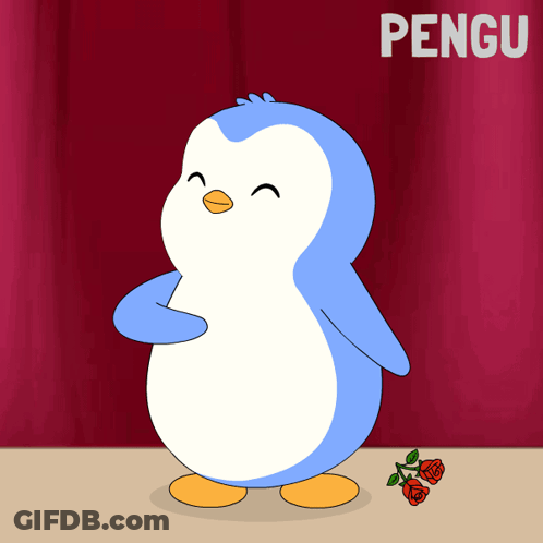 A Cartoon Penguin Is Standing In Front Of A Red Curtain With The Word Pengu Written Above It GIF