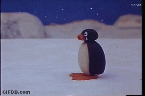 A Cartoon Penguin Is Standing In The Snow And Looking Up At The Stars GIF
