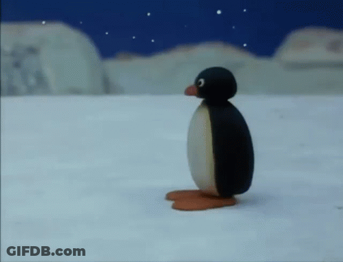 A Cartoon Penguin Is Standing In The Snow Looking Up At The Sky . GIF