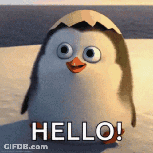 A Cartoon Penguin Is Standing On A Beach And Says Hello GIF
