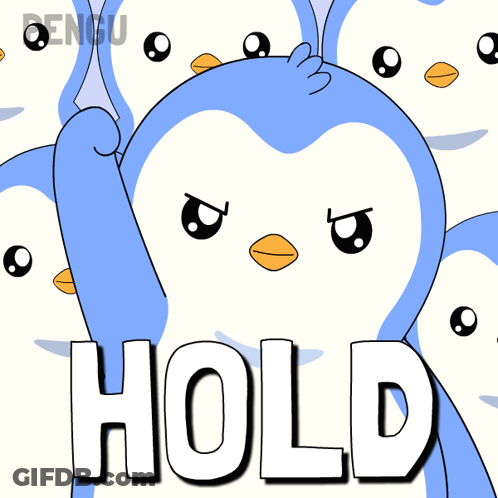 A Cartoon Penguin Is Surrounded By Penguins And Says Hold GIF