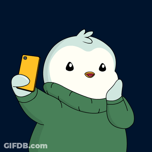 A Cartoon Penguin Is Taking A Picture Of Himself With His Phone GIF
