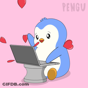 A Cartoon Penguin Is Using A Laptop Computer GIF