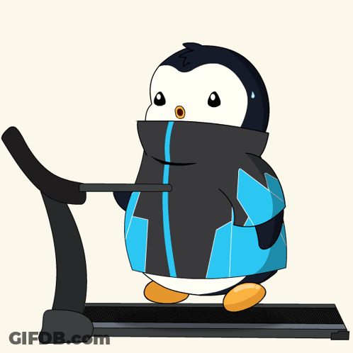 A Cartoon Penguin Is Walking On A Treadmill With A Hockey Stick In Its Mouth GIF
