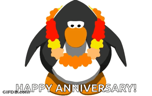 A Cartoon Penguin Is Wearing A Lei And The Words Happy Anniversary GIF