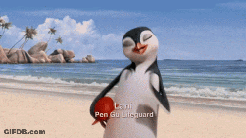 A Cartoon Penguin Named Lani Is Holding A Red Ball GIF