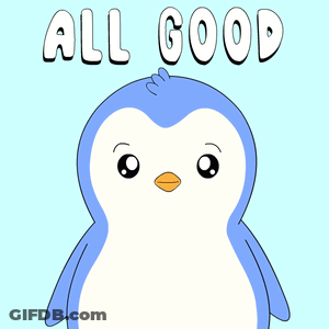 A Cartoon Penguin Says " All Good " With Its Arms Outstretched GIF