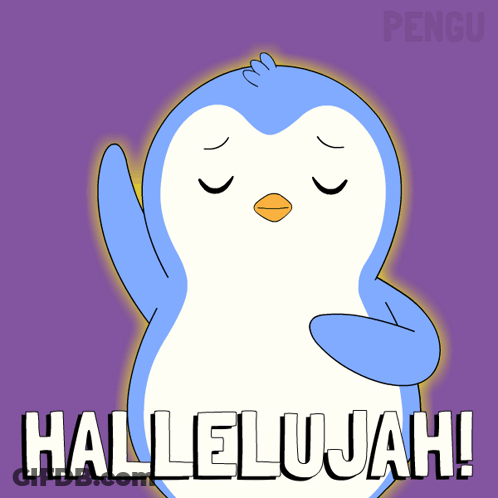 A Cartoon Penguin Says Hallelujah With Its Arms Outstretched GIF