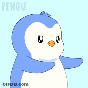 A Cartoon Penguin Says " No " In White Letters On A Blue Background GIF
