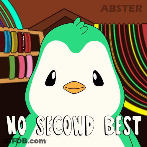 A Cartoon Penguin Says No Second Best In Front Of A Colorful Background GIF