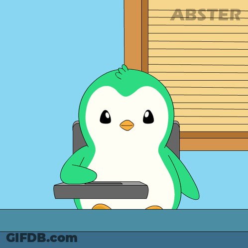 A Cartoon Penguin Sits At A Desk In Front Of A Window With The Word Abster On It GIF