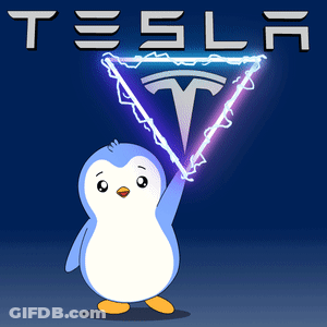 A Cartoon Penguin Stands In Front Of A Tesla Logo GIF