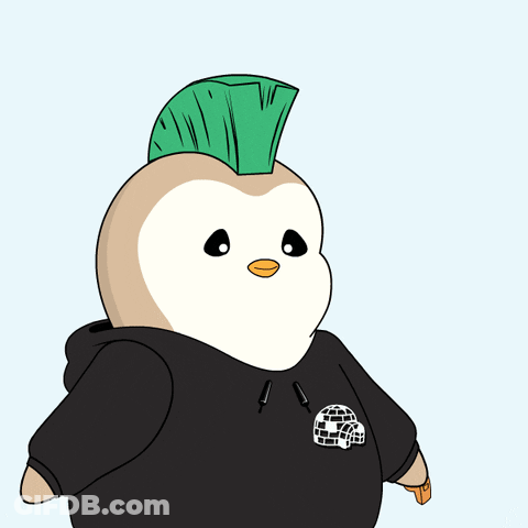 A Cartoon Penguin Wearing A Black Hoodie With An Igloo On It GIF