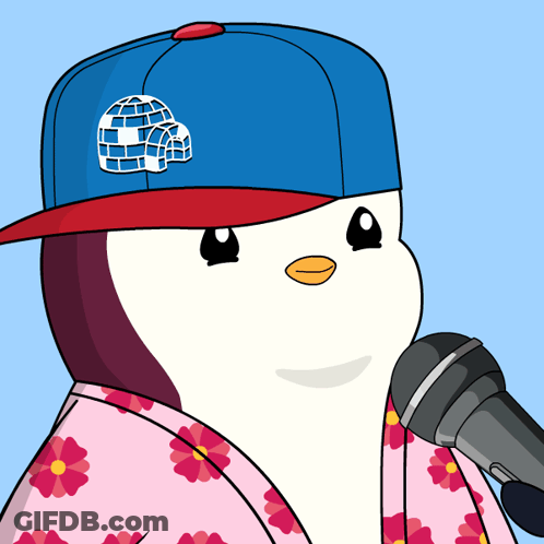 A Cartoon Penguin Wearing A Blue Hat And A Pink Shirt GIF