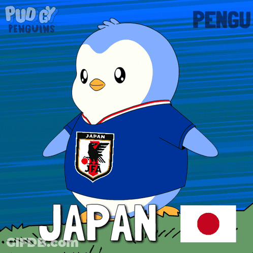 A Cartoon Penguin Wearing A Blue Japan Jersey GIF