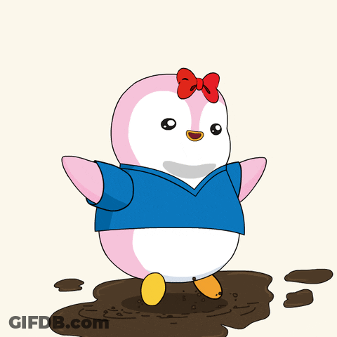 A Cartoon Penguin Wearing A Blue Shirt And A Red Bow Is Jumping Into A Puddle Of Mud GIF