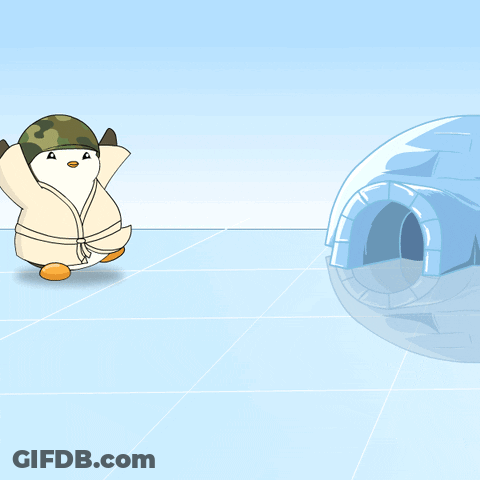 A Cartoon Penguin Wearing A Camouflage Hat Is Laying On Its Back GIF