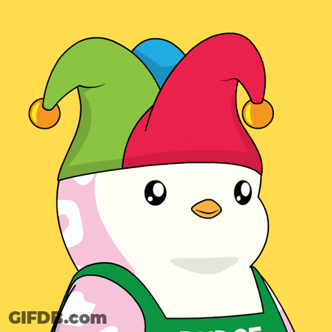 A Cartoon Penguin Wearing A Colorful Jester Hat And Overalls GIF