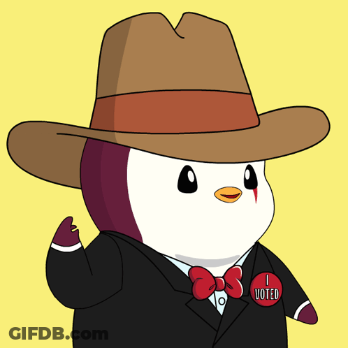 A Cartoon Penguin Wearing A Cowboy Hat And A I Voted Badge GIF