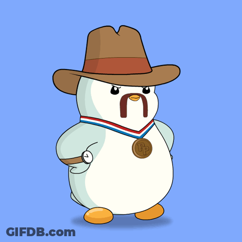 A Cartoon Penguin Wearing A Cowboy Hat And A Medal That Says Ip On It GIF