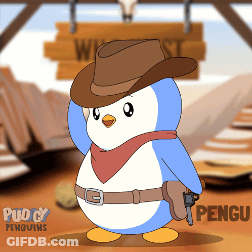 A Cartoon Penguin Wearing A Cowboy Hat And Holding A Gun GIF
