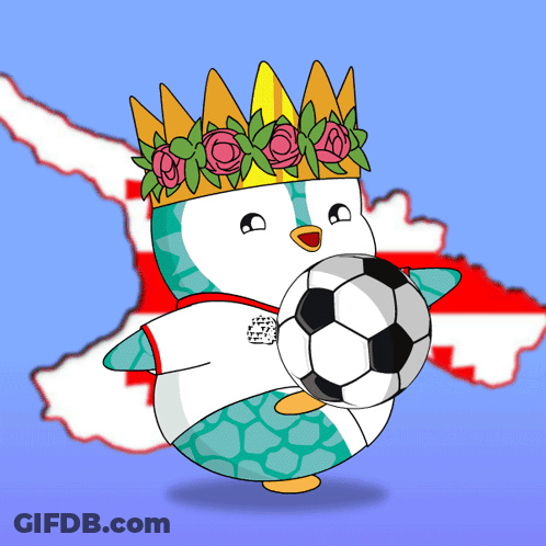 A Cartoon Penguin Wearing A Crown Holding A Soccer Ball GIF