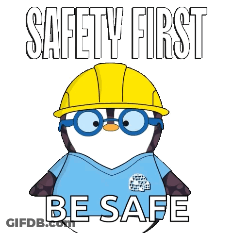 A Cartoon Penguin Wearing A Hard Hat Says Safety First Be Safe GIF