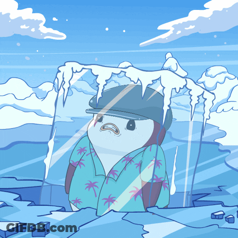 A Cartoon Penguin Wearing A Hat And A Shirt With Palm Trees On It GIF