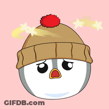 A Cartoon Penguin Wearing A Hat With Stars Coming Out Of It 'S Head GIF