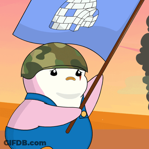 A Cartoon Penguin Wearing A Helmet And Overalls Holds A Flag GIF