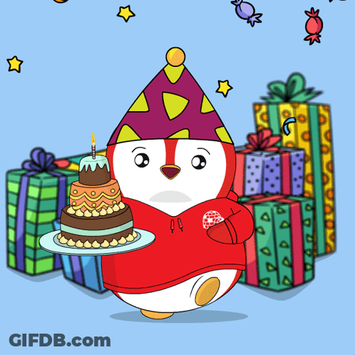 Penguin With Party Hat Holding Birthday Cake GIF