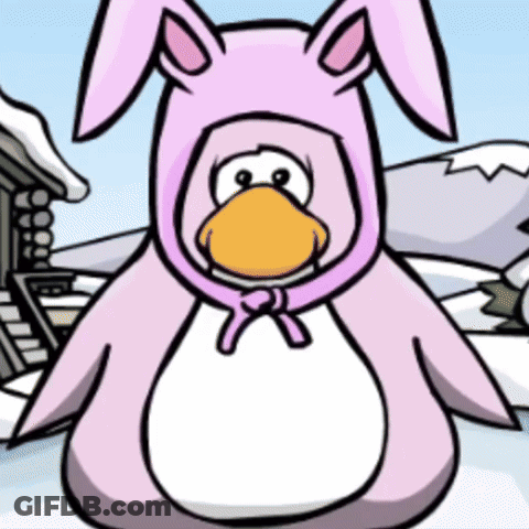 A Cartoon Penguin Wearing A Pink Bunny Outfit GIF