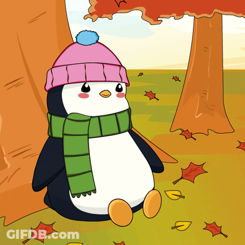 A Cartoon Penguin Wearing A Pink Hat And Scarf GIF