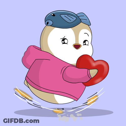 A Cartoon Penguin Wearing A Pink Hoodie And Holding A Red Heart GIF